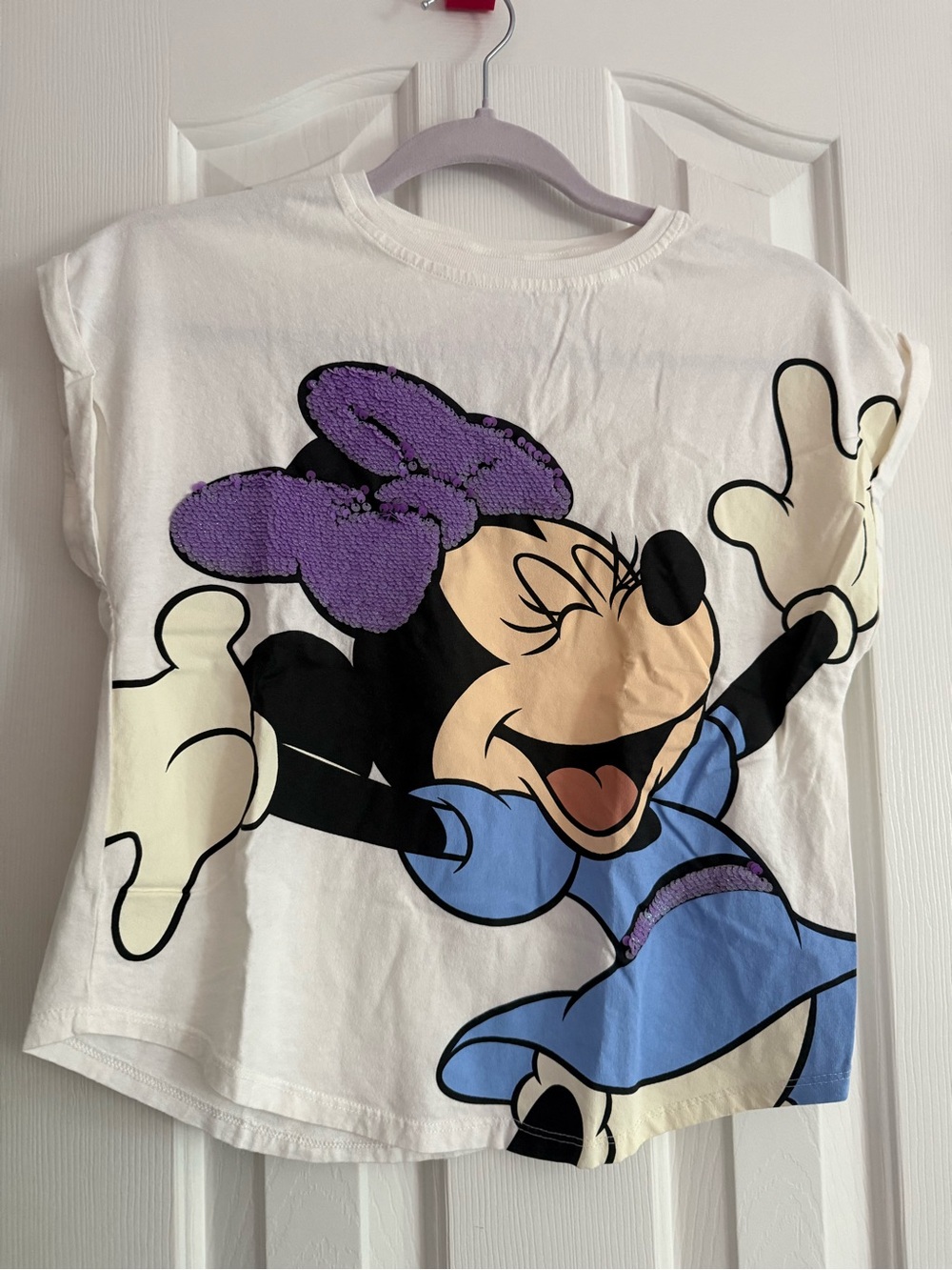 Zara White Minnie Mouse Tee with Purple Bow and Blue Dress